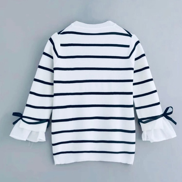 Striped Tie Detail Flounce Sleeve Sweater - Picture 4 of 7